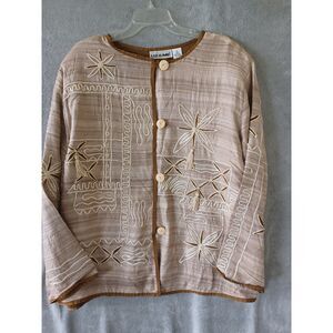 Liz & ME 3X Silk Jacket Cream Gold Artsy Boho Chic Embroidered Handwoven New